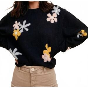 NEW IN-LOOM floral crew neck sweater in black